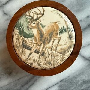 Wood And Ceramic Deer Trinket Box With New Soap Vintage